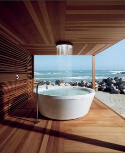 stylish-homes:  Beautiful Open Concept Wooden Bathroom via reddit