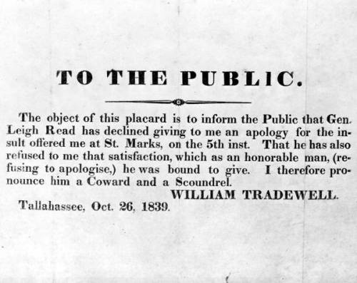 floridamemory:   On February 8, 1832, Florida’s Territorial Legislature repealed an anti-dueling law, effectively legalizing dueling in the Florida territory. Read more about dueling in antebellum Florida in this blog.  Our link: https://www.floridamemory