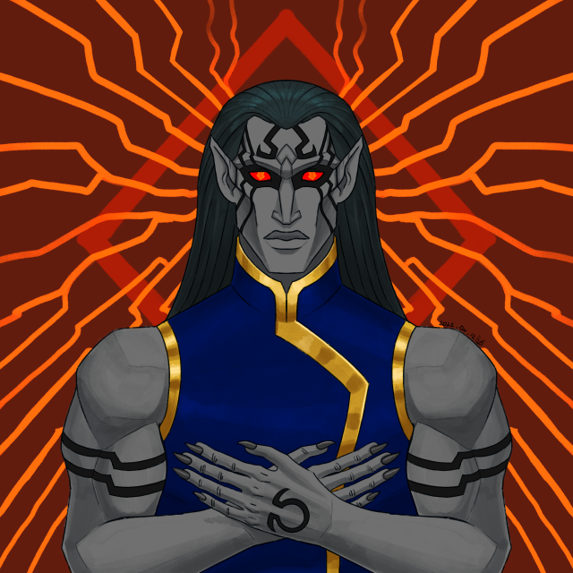A symmetrical portrait of a person with grey rock-like skin, glowing red eyes, and long dark blue hair, with their arms crossed in front of their chest. The background is red with orange jagged lines coming from the person.