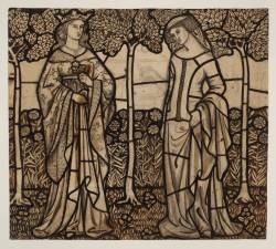 artmastered:William Morris, Guinevere and Iseult: Cartoon for Stained Glass, 1862, chalk, graphite and watercolour on paper, 61 x 68.5 cm, Tate Britain, London. SourceThis is one of thirteen stained glass windows designed by Morris, Marshall, Faulkner