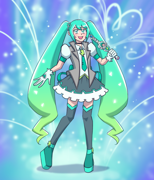 [image: Hatsune Miku in the style of a Healin’ Good Pretty Cure. Her outfit is similar to her 