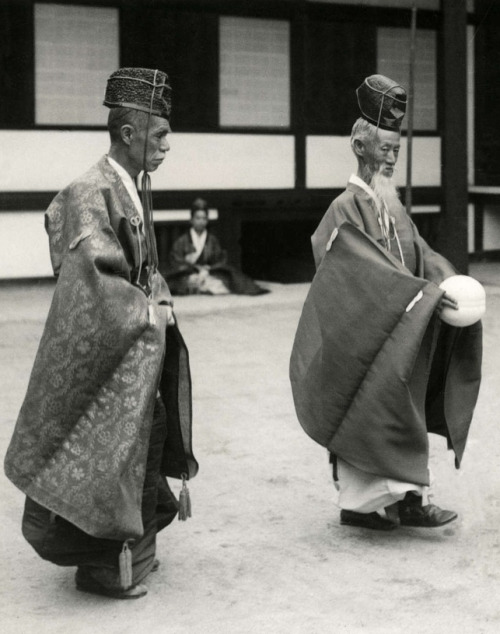 Two Kemari players, 1931, Japan. Kemari is a ball game that was popular in Japan during the Heian Pe