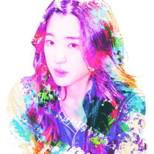 head and shoulder portrait of Yoo Jae-yi with splashes of purple, pink, blue and green paint
