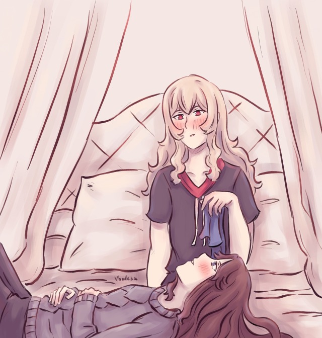 Maya lying in Claudine's lap, looking up to her. Claudine smiles, in her hand Maya's blue bow.