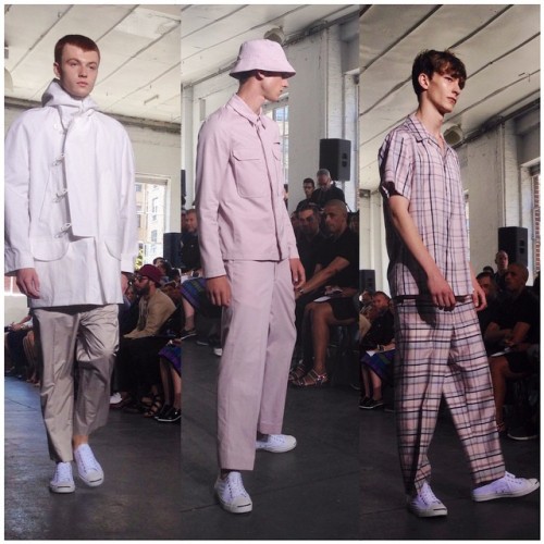 Pale parkas, bucket hats &amp; plaid trousers at the @duckiebrownnyc #SS15 #NYFW show. #fashion 