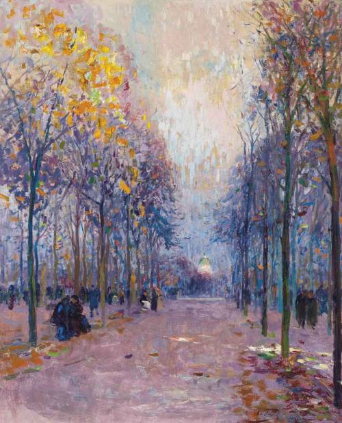 Figures taking a stroll in the Luxembourg Gardens, the Pantheon beyond, Elie Anatole Pavil. Ukranian