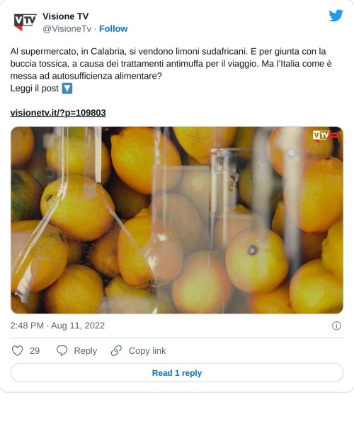 Al supermercato, in Calabria, si vendono limoni sudafricani. E per giunta con la buccia tossica, a causa dei trattamenti antimuffa per il viaggio. Ma l’Italia come è messa ad autosufficienza alimentare? Leggi il post 🔽https://t.co/HukhAbvU1S pic.twitter.com/cCIWlbQeJi  — Visione TV (@VisioneTv) August 11, 2022