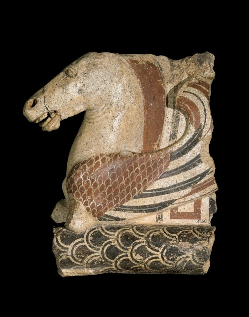 tintinnabulums:Acroterion with winged horse. Cerveteri, 500 - 475 B.C., polychrome terracotta. Grego