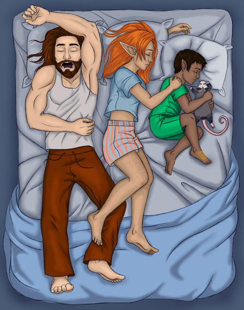 jacqq-attackk: ONE BIG BED [image description: a drawing of Hardwon, Moonshine and Beverly asleep in