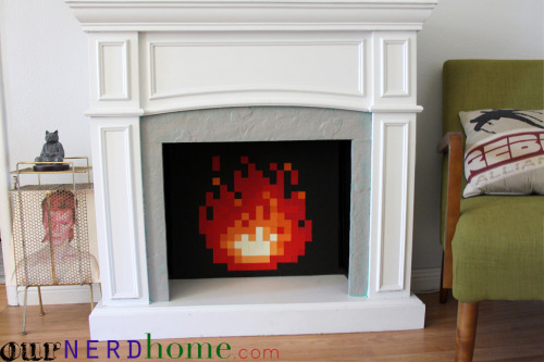 8 bit fire tutorial. What a cozy, nerdy thing to do. I love it! Get the tutorial from Our Nerd Home - DIY Legend of Zelda 8-bit Fire in Fireplace