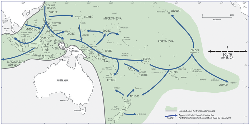 Austronesian migration routes.
The Austronesians have been hypothesized to originate from Taiwan and East Coast of China. With a strong seafaring culture, they migrated to most of the Pacific Ocean and as far to the west as Madagascar.