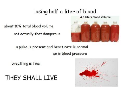rangergirl3:  adventuresintimeandspace:  Here are some scientific facts about blood loss for all you psychopaths writers out there.  Well would you look at that. That’s what I call very awesome timing  Thanks @havetoomanyfandoms this is epically helpful