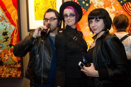 soulbots:At the opening of Molly Crabapple’s Shell GameL-R Kurt Huggins, Chandra Free and myself hol