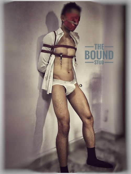 theboundstud: Executive with 10 days’ worth of cum in red rope bondage, in different states of undre