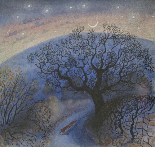 thewoodbetween:Moonrise Over Usk by Flora McLachlan, original ink & watercolour.