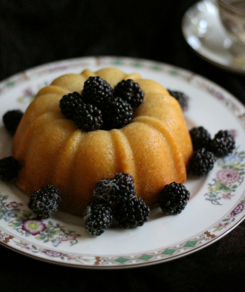 I’m easing into fall/spooky recipes with a simple one: pecan and rum pound cake with blackberries! I