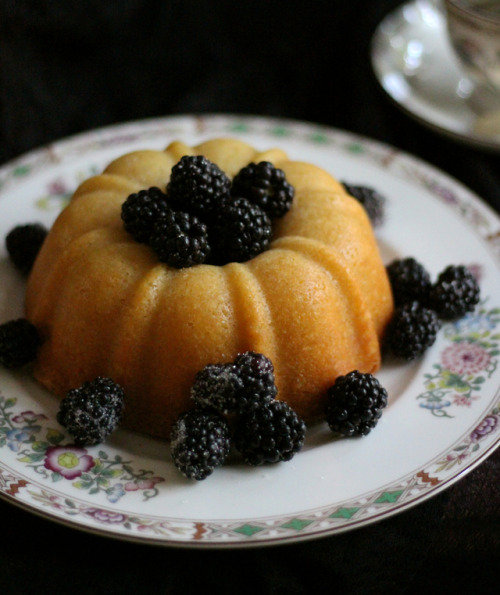 I’m easing into fall/spooky recipes with a simple one: pecan and rum pound cake with blackberr