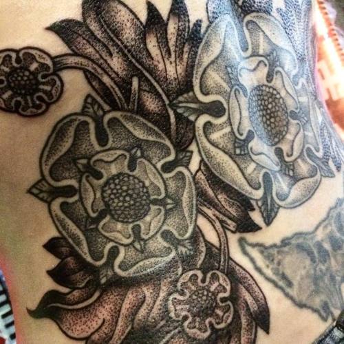 Added leaves and small flowers to Pip&rsquo;s Tudor roses lower back today. Cheers luv, always a ple