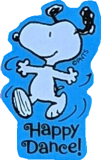 sticker of snoopy from peanuts. he is dancing with his eyes open and his arms out. the sticker has a blue trim and reads 'happy dance!'