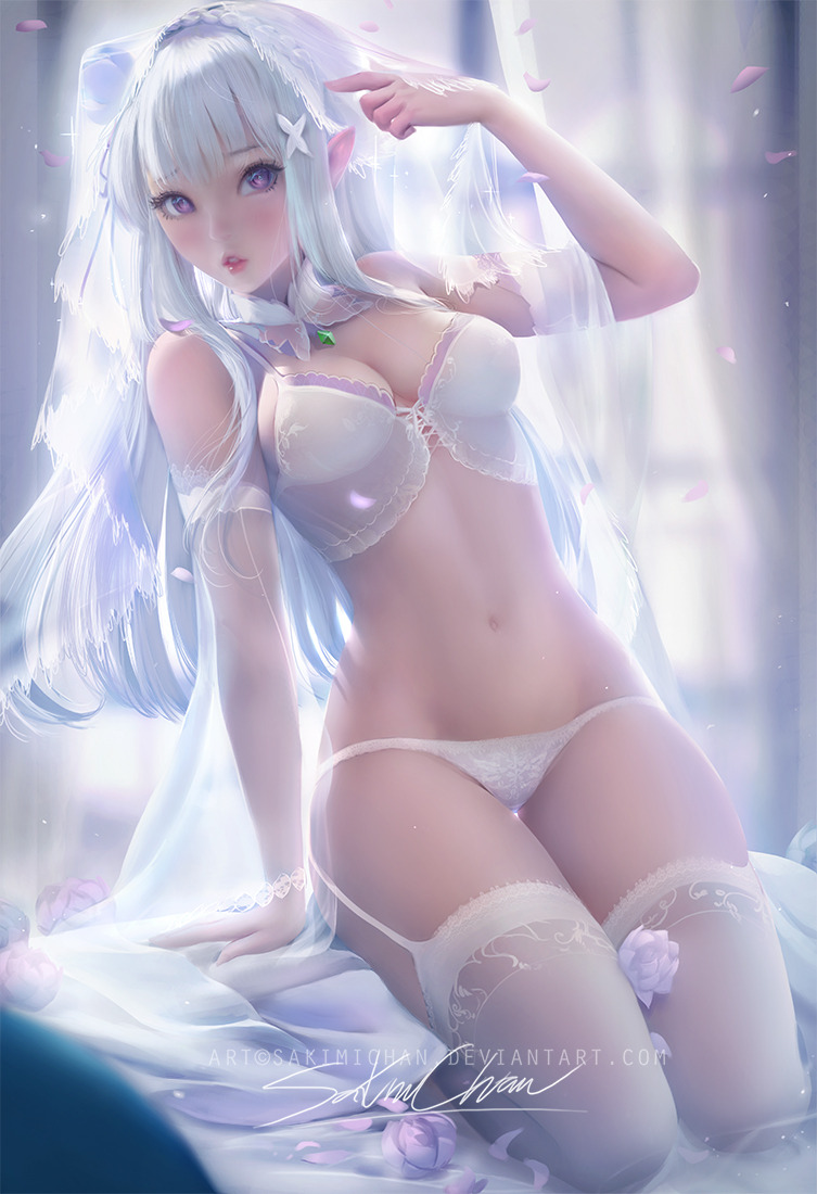 sakimichan: Emilia from Rezero in bridal lingerie :3 good experiment and practice.Kep