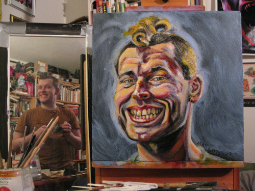 Latest version of my self portrait progress.  18"x18" acrylic on canvas.  Newest at the top