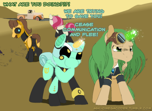 ask-omegacoder:  Not as cool a line as “Fly, you fools!” but… you know… robot.We Repair Ponies #113  =O