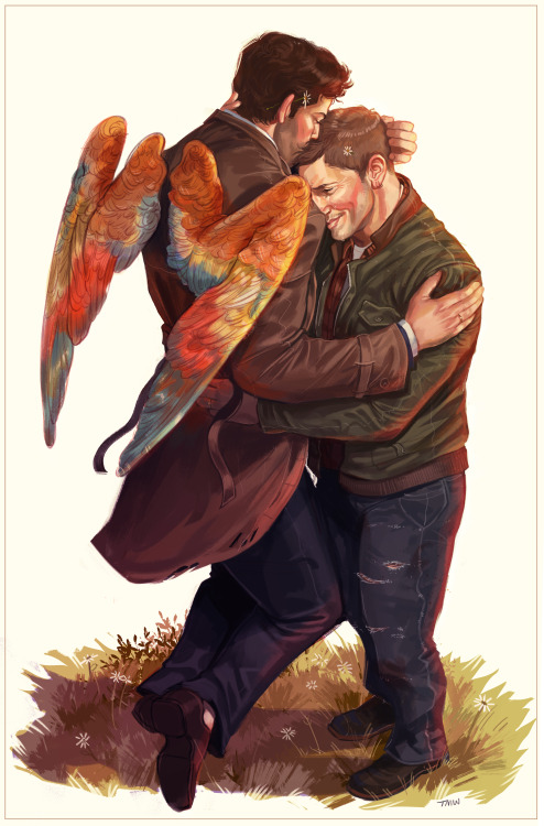 clickbaitcowboy:Oh I know we’ll meet again some sunny day…[Image ID: A painted image of Castiel and 