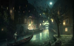 wallpapermojo:  1200 pixels height, 1920 pixels wide, 2, artwork, assassins, cityscapes, creed, games, gondolas, moon, rivers, ships, video