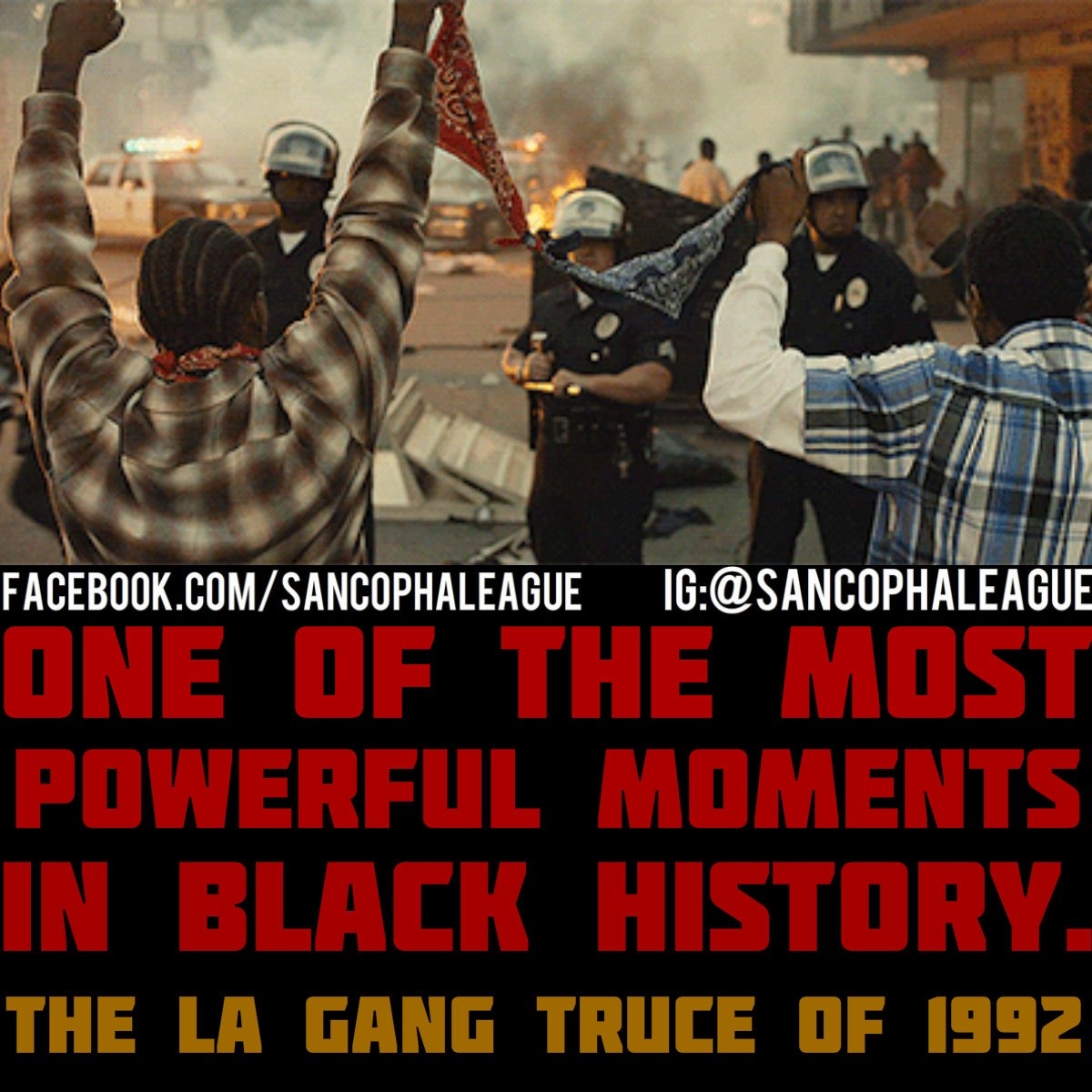 sancophaleague:  In 1992, after the Rodney King beating, OGs from the Crips and Bloods