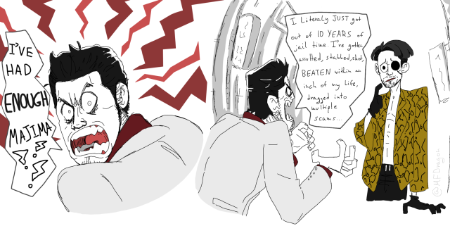 mfdragon:A summation of my feelings with this game so far.Kiryu needs the biggest hug, and I know just the trash gremlin who can help.