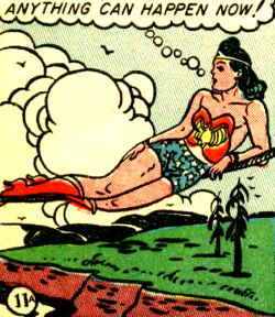 superdames:  Wonder Woman lounging like an odalisque on a highwire. —Wonder Woman #7 (1943) by William Moulton Marston &amp; H.G. Peter 