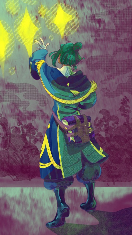 Linhardt from Fire Emblem. His Three Hopes look. He has his back turned and has a hand focused on shining yellow orbs. The background is purple and of a vague vegetation.