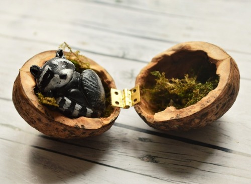 sosuperawesome:Animal Necklaces in Walnut Shell Boxes / Acorn and Animal LocketsClay Comet Creations