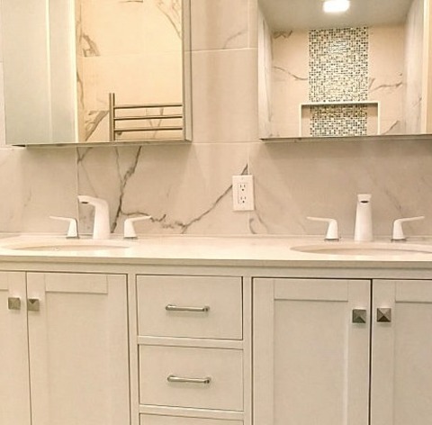 Sauna BathroomWhite And Porcelain Tiles In A Mid-size Style Bathroom With Double Sinks, Porcelain Tile,