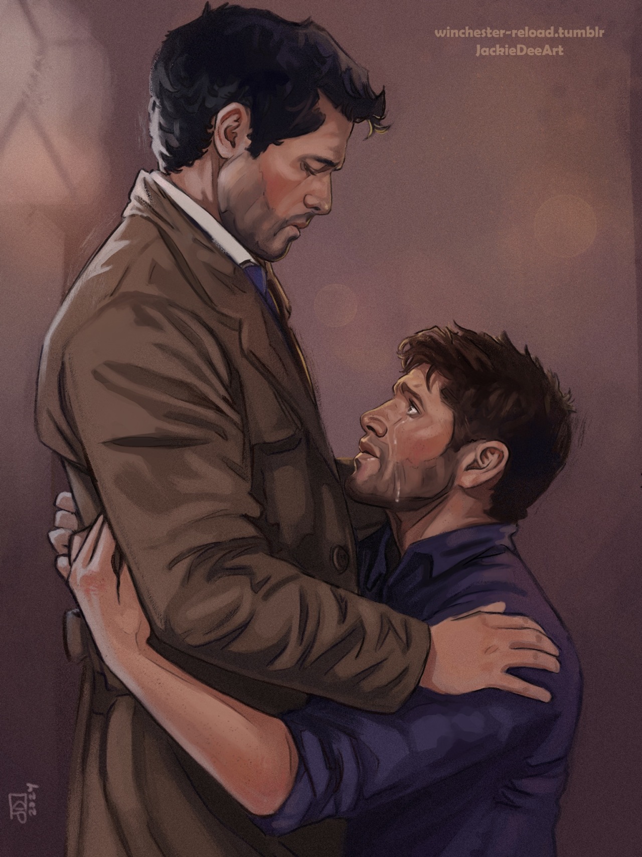 castiel stands in profile while Dean hugs his waist on his knees looking up at Cas, teary-eyed.