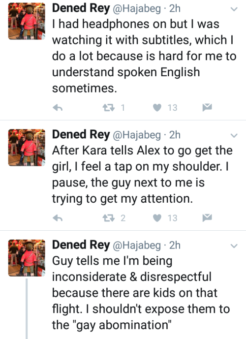 sabawsoup:  @Hajabeg: “So yesterday on my flight to Vancouver I was watching Supergirl, more specifically, the episode where Alex comes out to Kara. I had headphones on but I was watching it with subtitles, which I do a lot because it is hard for me