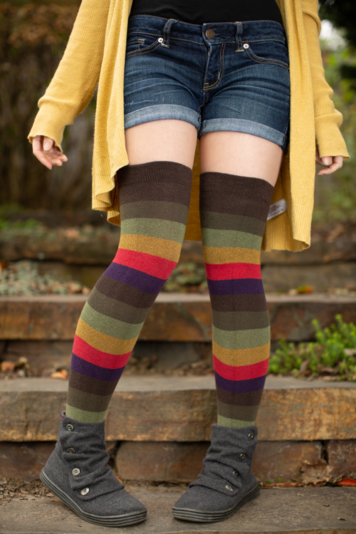 Top-Striped Marled Scrunchable Thigh High Socks