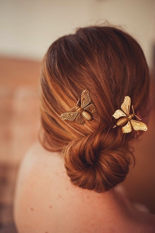themountainlaurel:Gold Moth Hair Pins