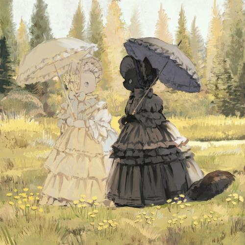coolberniebernie: [a painted style picture of two cats wearing bonnets and dresses, and holding sun 