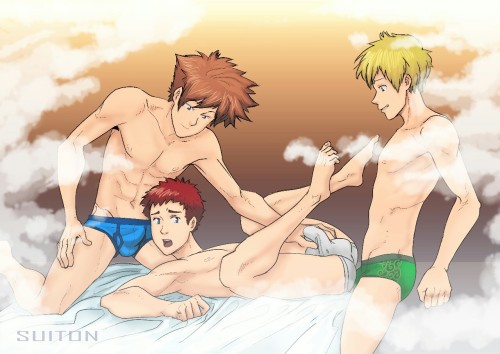 suiton00nsfwdrawings:  Digimon tri - digi trio (cencored)  after seen one screenshot of the next digimon tri ova i was like… yes please!!! those guys in a bathhouse is the hottest thing they could have done, is like fuel for fan arts XD,  i’m not
