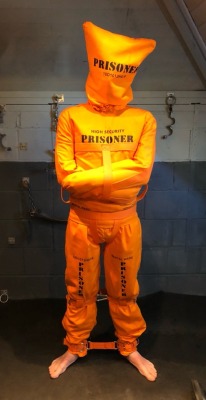 jamesbondagesx: Billy was the third person to try out my prisoner suit. Think it suited him… 