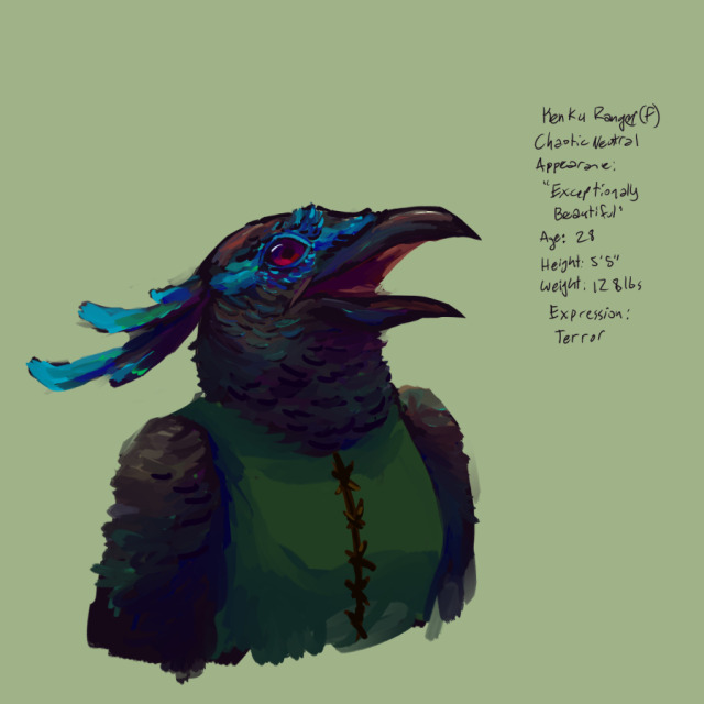Day 12: Kenku Ranger (F)Chaotic NeutralAppearance: Exceptionally BeautifulAge: 28Height: 55Weight: 128 lbsExpression: Terror #character design#speedpaint#dnd art#dnd character#dnd kenku#dnd ranger#hunters art