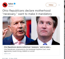 okaybutch:  Ohio Republicans Declare Motherhood Necessary and Want to Make it Mandatory 11/21/18  Ohio Law Could Make Abortion Punishable by Death Penalty 11/20/18 Ohio House Passes Bill to Criminalize Abortions Of Fetuses with a Heartbeat (6 weeks!)