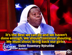 sandandglass:  Sister Rosemary Nyirumbe and Stephen Colbert talk about the abduction