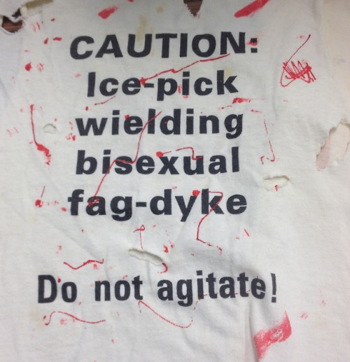 A t-shirt from the collection of bisexual activist Melissa Ann Merry.Via outhistory.org:“Merry was a