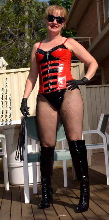 grayadmirer: lenaloveslatex:   PVC corset and panties with fishnets and boots outdoors. My NEW video site is at http://clips4sale.com/110448 and also http://bit.ly/LenasVids My free site is here http://LenaLovesLatex.com for more stories and photos  