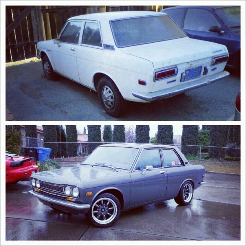 carlosejimenez:  Before and after 3 years of work finally pays off. Still not done with it lol #tbt #Datsun #510