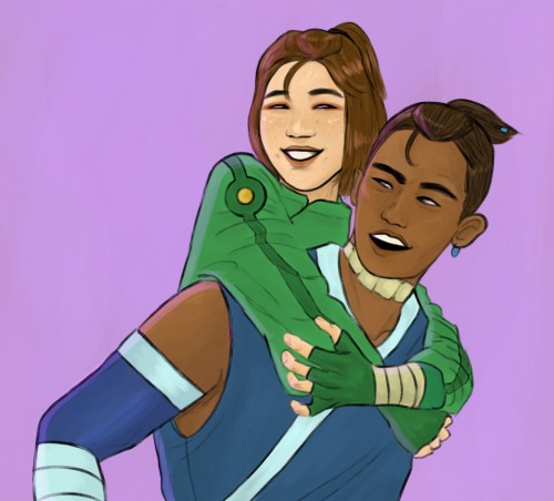 gays4korra:  comradekatara: some sukkot for sukkot! 💙 [ID: two colored digital drawings of Sokka and Suki from Avatar: the Last Airbender. The first drawing shows Sokka from the chest up with Suki behind him, her arms around his neck. Suki looks down