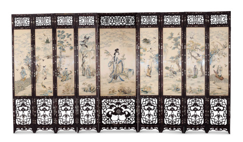 粤绣红木镶嵌螺钿银丝屏风 Folding screen, Guangdong style embroidery framed by wood with inlaid “mother of 