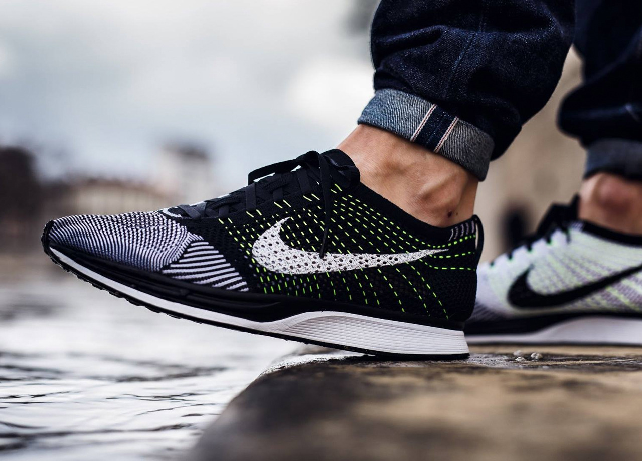 nike flyknit racer black white volt